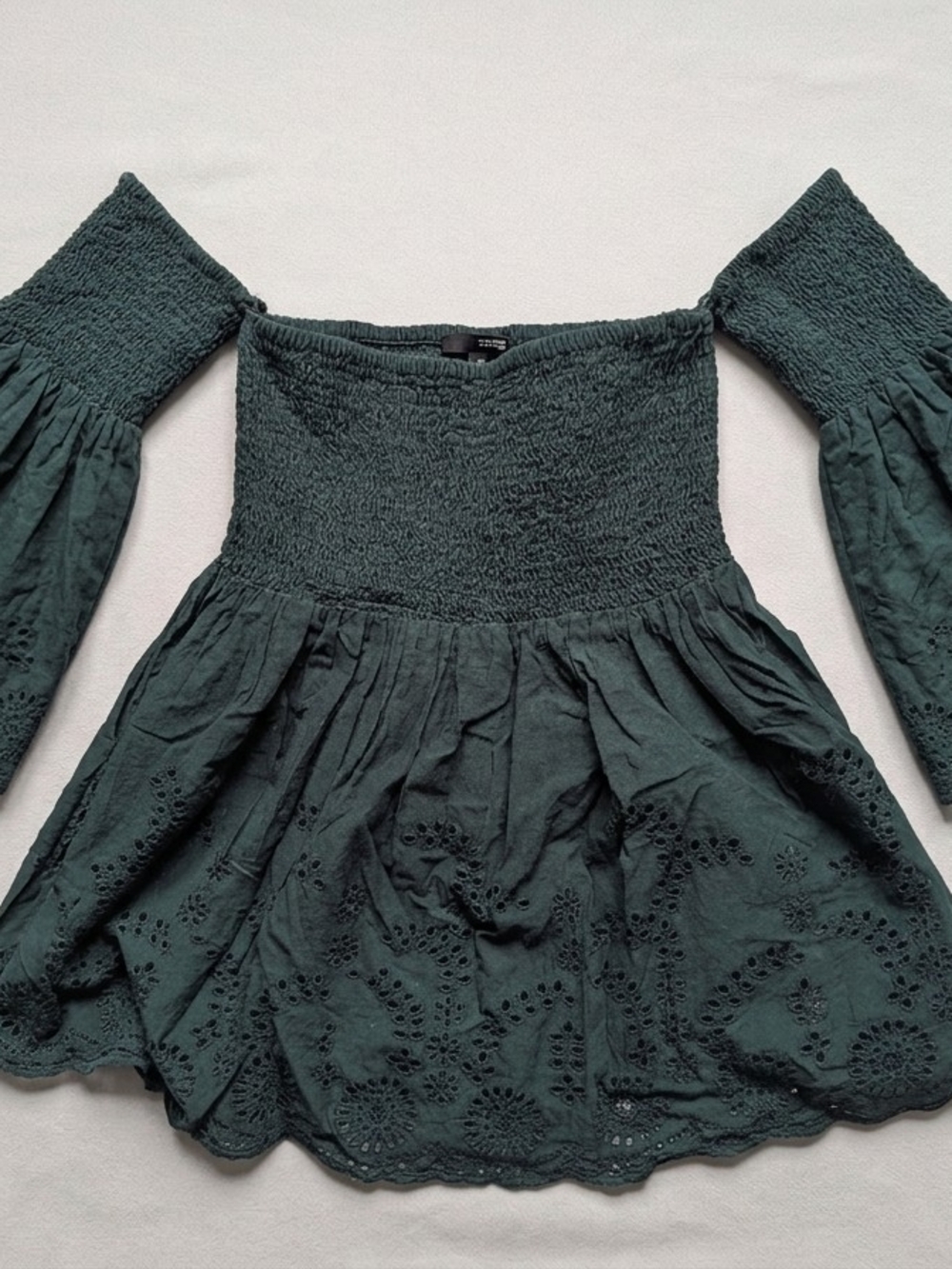 Only Dark Green Off-Shoulder Eyelet Peplum Top